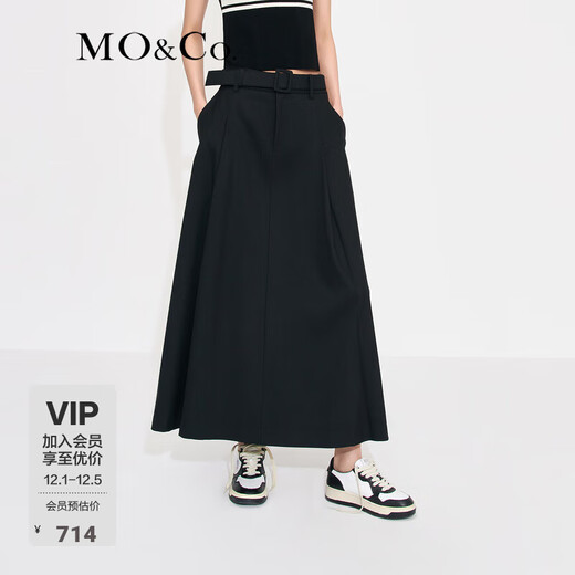 MO&Co. Mid-high waist long pleated loose A-line skirt umbrella skirt (with belt) design skirt Moanke black-2nd batch M 165