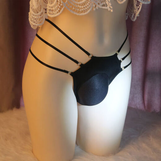 Feminine design men's underwear with thin straps solid color tight bump sexy space capsule thong briefs black XL