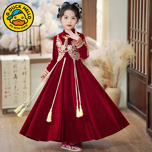 G.DUCKKIDS Girls Winter Dress New Year Clothes Children Autumn Winter Skirt Red Dress 2025 New Hanfu New Year Clothes A2355 Plus Velvet + Hairpin 110 cm