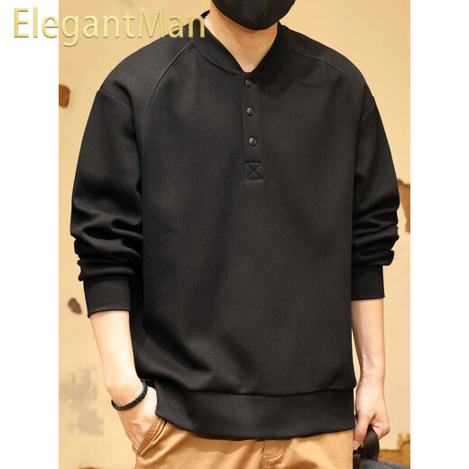 ElegantMan American retro heavyweight sweatshirt men's autumn Henry collar half cardigan coat men's autumn and winter long-sleeved POLO shirt black spring and autumn regular M _ -130Jin Jin equals 0.5 kg