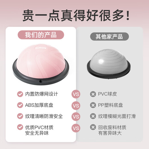 He Jiagong semi-circular balance ball core training home yoga ball Pilates fitness hemispheric yoga studio Bobi ball 46cm medium crescent model thickened explosion-proof/free tension rope-Phil powder