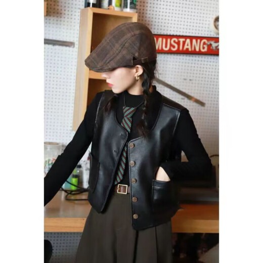 
Mancaoko vest women's fashionable PU leather vest spring and autumn short British retro vest round neck versatile simple and fashionable jacket, brown color_coffee 9893# round neck leather vest L__111-125Jin[Jin equals 0.5 kg]