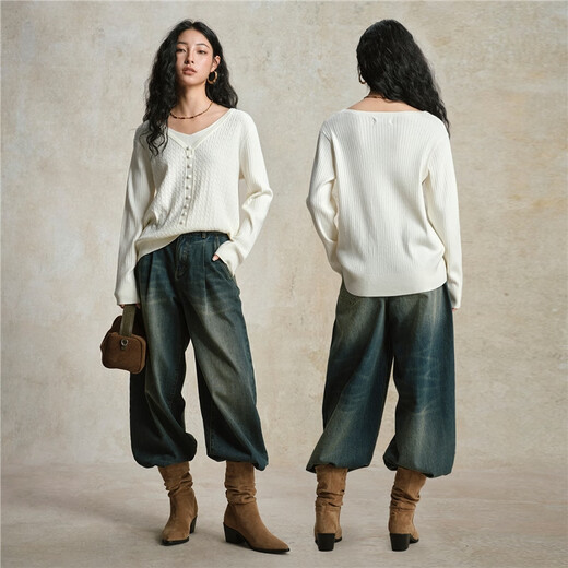 Giordano cable pattern sweater women's autumn and winter V-neck button decoration fake two-piece sweater 13355777