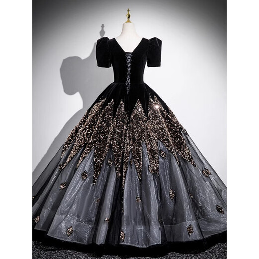 Ji Mi black evening dress hosted sequin student day coming of age ceremony art test vocal solo princess dress light luxury niche high-end black without bustle XL