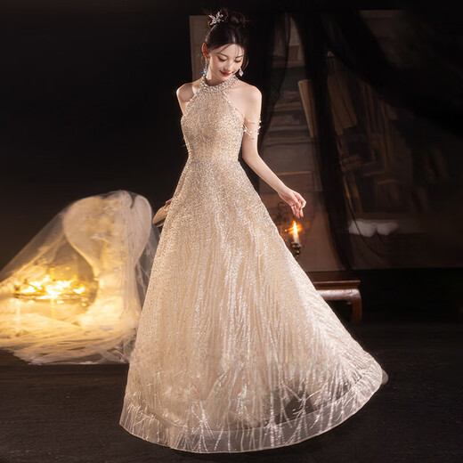 Xiaohanlu halterneck evening dress annual meeting 2025 new light luxury niche temperament banquet host birthday dress champagne color M