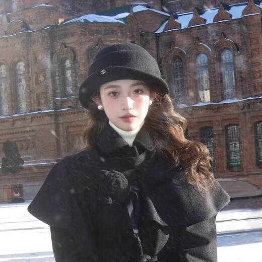 Yupinjia black Hepburn style curly top hat daughter's hat women's 2026 autumn and winter high-end warm and versatile fisherman hat black woolen hat circumference 55-59cm