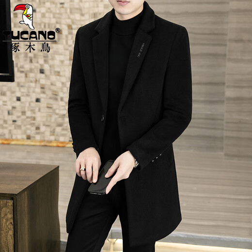 Woodpecker Wollwollmantel für Herren im koreanischen Stil, schmal, mittellang, Windjacke, Herbst und Winter, verdickte neue Wolljacke für Herren, Schwarz, 3XL (155 ~ 170 Jin Jin entspricht 0,5 kg)