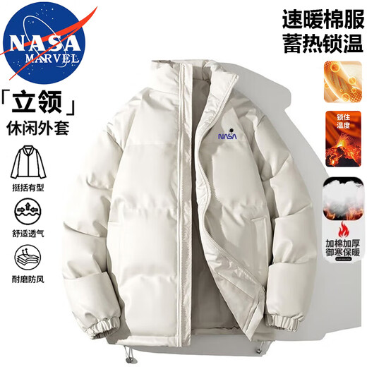 NASA MARVEL cotton coat men's winter coat thickened trendy pu leather trendy brand cotton coat couple stand collar warm jacket black L