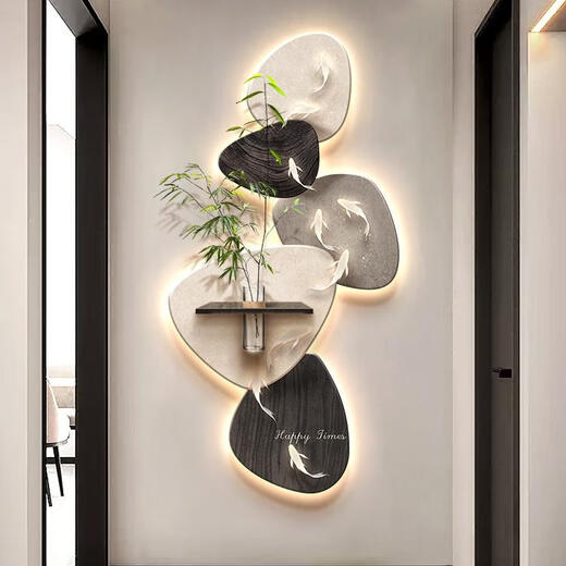 Kezhi Nine Fish Picture facing the entrance door, entrance wall decorative painting mural, 2025 new high-end living room corridor hanging painting A-Koi Yuefu 80*160+shelf 41*12, handmade sandstone+shelf+hemp rope+hydroponic vase+simulated green plants, ordinary model, non-luminous