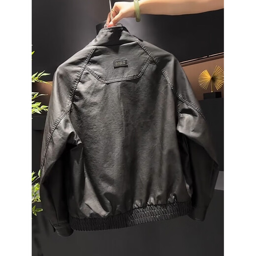 Yimeimei autumn and winter velvet American retro micro-wide leather jacket men's trendy street stand-up collar motorcycle jacket brown 2XL recommended 160-180Jin Jin equals 0.5 kg