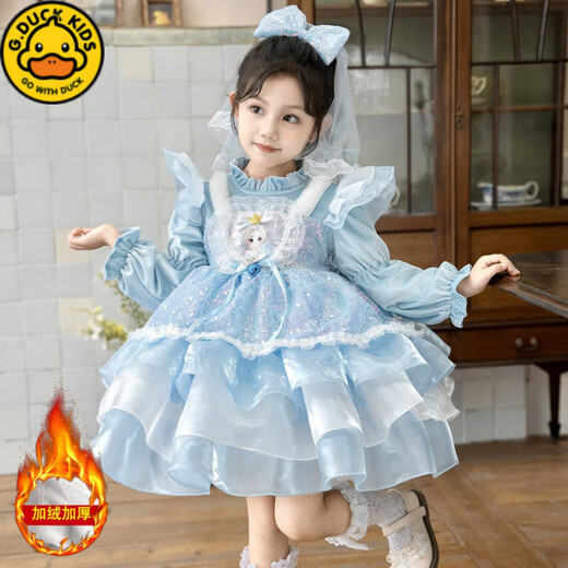 G.duck Girls Elsa Princess Velvet Thickened Dress 2025 Autumn and Winter Lolita Princess Dress Birthday Dress Puff Skirt Blue Velvet Free Veil 120