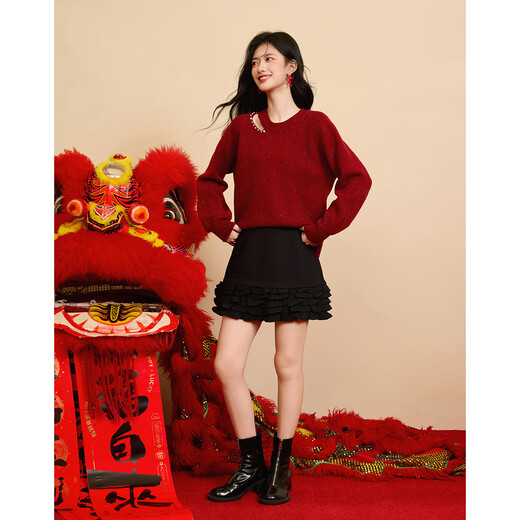 Shangjing Qiji Red Sweater Women's 25 Winter New Women's Clothing Hollow French High-Level Sense Lazy New Year's Red Sweater Women's Top