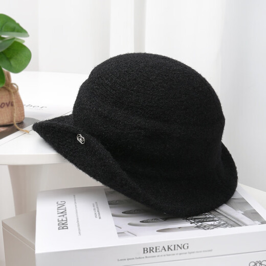 Yupinjia black Hepburn style curly top hat daughter's hat women's 2026 autumn and winter high-end warm and versatile fisherman hat black woolen hat circumference 55-59cm
