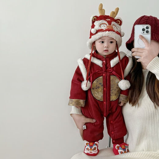 Disney (Disney) baby New Year's greetings winter jumpsuit female baby's 100th birthday celebration dress male BMW New Year's celebration new year clothing single red hat 36cm 66