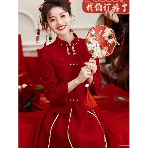 Shifansen (SHIFANSEN) Toast Wear Bride 2025 New Winter Clothes Red Engagement Dress New Chinese Style Wedding Clothes Long Sleeve Autumn and Winter Burgundy Chinese New Style S Recommendation 92-100Jin Jin is equal to 0.5 kg