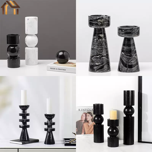 Yusenyi Modern Light Luxury Natural Marble Candle Holder Ornament Model Room Hotel Living Room TV Cabinet Dining Table Style 1 Black Ball