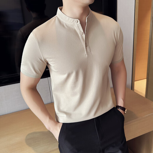 Qing Muqi high-end temperament Internet celebrity T-shirt Henry collar short-sleeved polo shirt men's summer trendy brand handsome high-end half-sleeved white stand-up collar polo short-sleeved M recommended 90-105Jin Jin equals 0.5 kg
