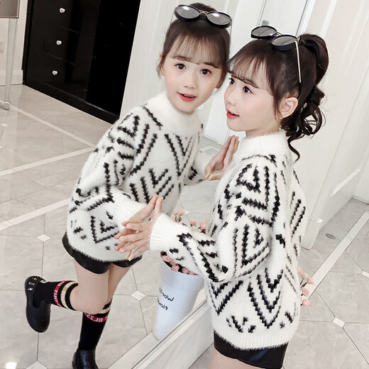 Jingkodi Japanese winter girls sweater 2025 new autumn and winter clothing, fashionable children's clothing, big children's winter plus off-white 110 cm