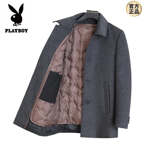 Playboy Woolen Coat Men's Mid-Length Lapel Woolen Windbreaker Men's Autumn and Winter Down Liner Jacket Men's Thickened Black + Down Liner XL Recommended 146Jin Jin is equal to less than 0.5kg