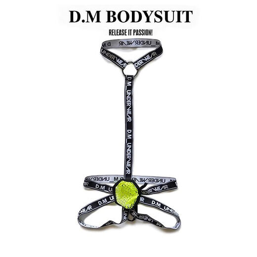 DM men's jumpsuit suspenders thong mesh breathable sexy double thongs sexy personality temptation men's underwear fluorescent green M100-115Jin Jin equals 0.5 kg