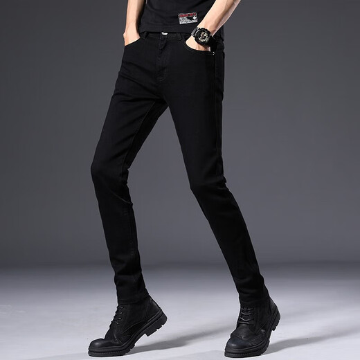 Jeanswest jeans men's slim feet men's pants spring and autumn new Korean style trendy elastic versatile men's long trousers 902 black size 28
