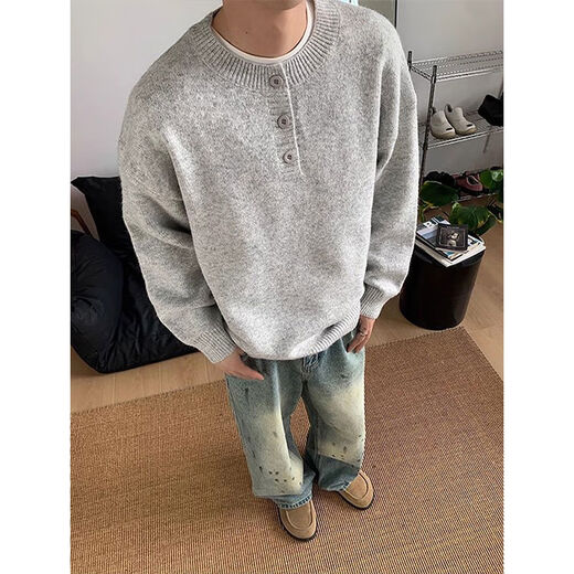 Xiaohongshu's same style gray American Henry collar sweater men's winter lazy style bottoming sweater cleanf light gray Henry collar M M95-115Jin Jin is equal to 0.5 kg