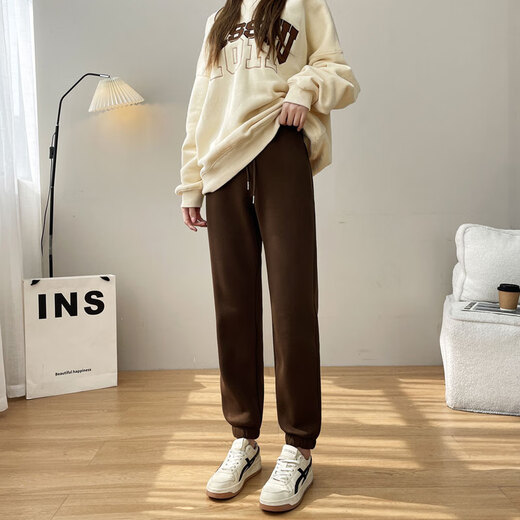 Ceium Kifmim special long pants for tall women, extra long winter warm plus velvet thickened sweatpants, loose legged casual pants, 100cm long, caramel color, polar fleece bloomers, M