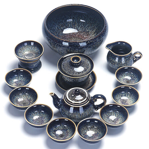 Zexiantang's new high-end Jianzhan Kungfu tea set home office business gift ceramic bowl kiln change set Starry Sky Jianzhan teapot set 9 pieces