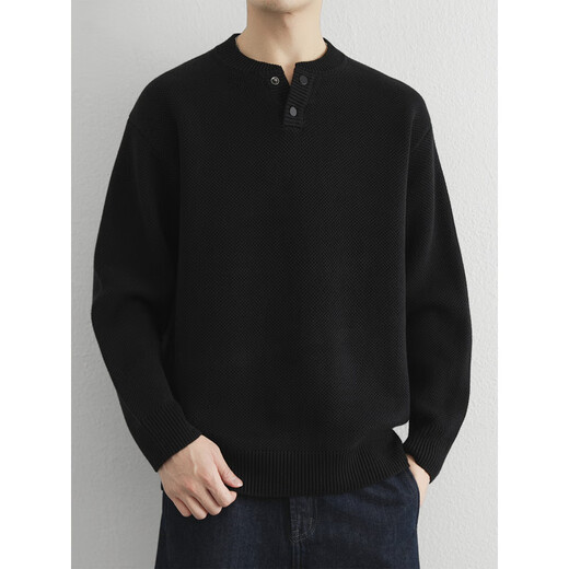 Lanlingfang high-end cotton Henry collar sweater men's loose long-sleeved pullover sweater with autumn and winter thickened bottoming shirt trendy black M_110Jin Jin is equal to within 0.5 kg