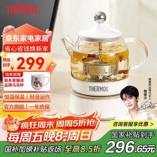 THERMOS Mini Health Kettle Office Tea Maker Electric Kettle Constant Temperature Electric Kettle Glass Flower Teapot Health Cup Gift EHA-1602E Chinese Valentine's Day Gift -G 0.55L