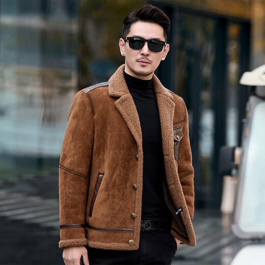 CJZ leather jacket men's parka winter plus velvet thickened jacket trendy warm fur integrated original ecological lamb wool light brown L