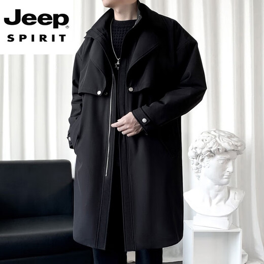 JEEP SPIRIT High-End Mid-Length Windbreaker Men's Stand Collar Cape Coat 2025 Autumn New Fashion Casual Jacket Men's 104 Black XL 126-140Jin Jin is equal to 0.5 kg