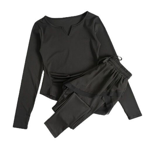 Yoga clothing women's suit autumn and winter 2024 new quick-drying running sports women's suit Pilates fitness clothing red long sleeves + purple trousers XL