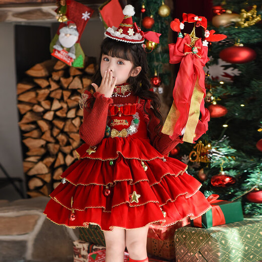 G.duck Little Yellow Duck Christmas Children's Clothing Girls Dress Autumn and Winter Plush Lolita Princess Dress Performance Dress Single Skirt 90 Size 1~2 Years Old 80-90cm