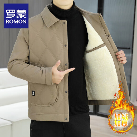 ROMON 2026 new winter cotton coat, trendy and handsome lapel, velvet and thickened warm cotton coat, winter casual cotton jacket, khaki XL
