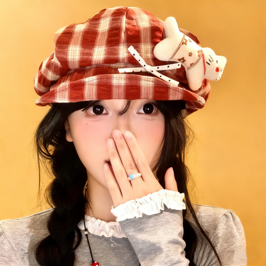 Fan Shengyu Japanese style plaid cat octagonal hat for women spring y2k style sweet and western style beret showing face little newsboy painter hat plaid kitten beret one size fits all 54-58cm
