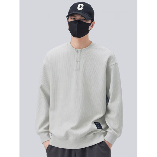 HTKD Henley Collar Sweatshirt Men's Spring and Autumn 2025 New trbottom Loose Casual Long Sleeve Bottom Shirt Light Gray M_100-120Jin Jin equal to 0.5kg