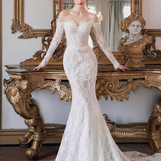 Meianjia French one-shoulder long-sleeved lace fishtail light wedding dress new bride petite high-end travel photo door veil small tail 2XL