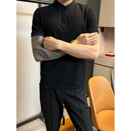 Qing Muqi high-end temperament Internet celebrity T-shirt Henry collar short-sleeved polo shirt men's summer trendy brand handsome high-end half-sleeved white stand-up collar polo short-sleeved M recommended 90-105Jin Jin equals 0.5 kg