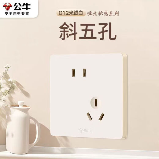 公牛g12米绒白开关插座面板家用5孔插座空调热水器网络插座奶油肤感 斜五孔10A 【肤感米绒白】