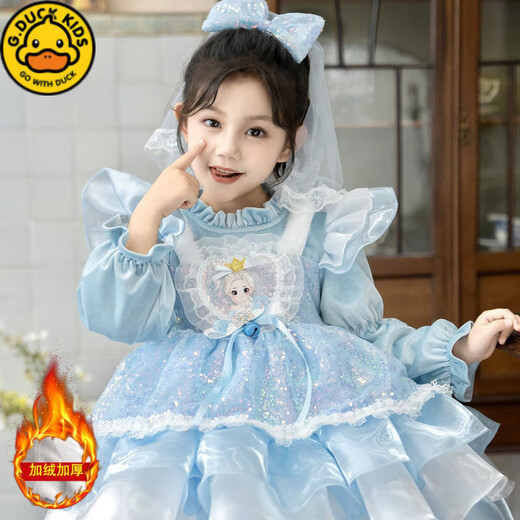 G.duck Girls Elsa Princess Velvet Thickened Dress 2025 Autumn and Winter Lolita Princess Dress Birthday Dress Puff Skirt Blue Velvet Free Veil 120