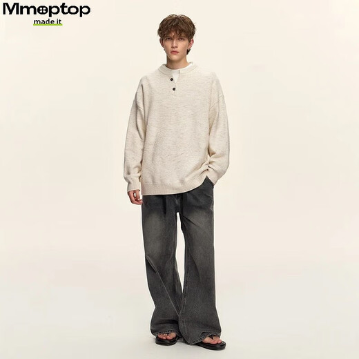MMOPTOP relaxed henley collar pullover sweater autumn and winter men's coat containing sheep wool sweater MMY17 oatmeal gray L