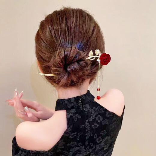 Wenque Chinese style rose hairpin, antique style hairpin, temperament tassel headdress, French retro cheongsam, 1 red rose hairpin