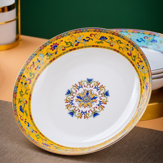 Hand-me-down porcelain plates, new household dishes, Jingdezhen ceramic plates, bone china, gold rim, Chinese dish tray, 8-inch deep plate, Phnom rim, Xizi blue
