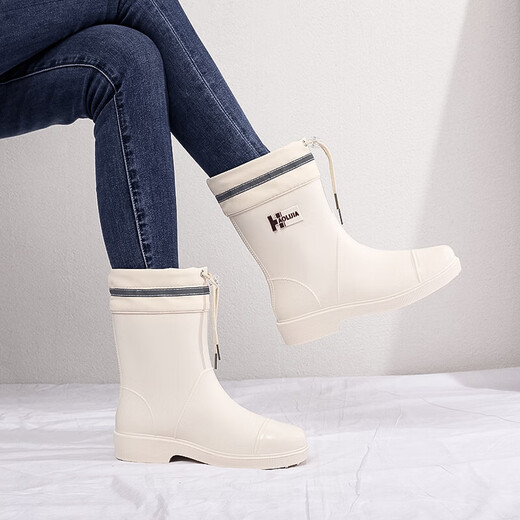 雨鞋女款新款耐磨时尚水鞋中筒束口防水雨靴成人厨房工作防滑胶鞋 001白色加防水口不可拆 38