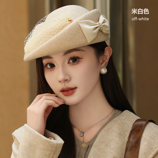 Kuosheng Australian woolen fashion hat women's autumn and winter felt hat mesh evening hat bow beret black adult one size (adjustable 56-58cm)