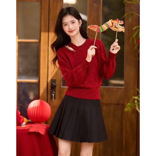 Shangjing Qiji Red Sweater Women's 25 Winter New Women's Clothing Hollow French High-Level Sense Lazy New Year's Red Sweater Women's Top
