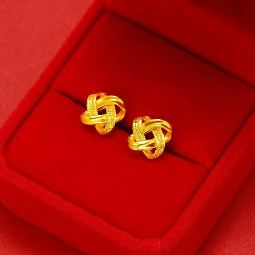 Puman Zhuji 18K gold earrings for women 999 gold color 24kK gold glossy frosted bean ear clip fashion temperament earrings Ruyi knot earrings