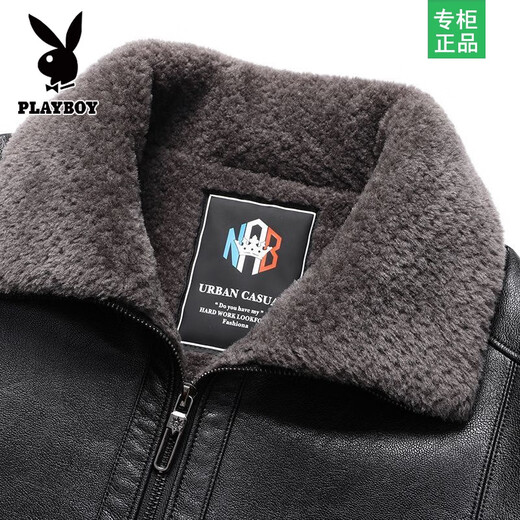 Playboy middle-aged and elderly men's dad thickened leather jacket men's velvet winter jacket men's middle-aged and elderly warm leather jacket men's black fur one-piece XL 180/96A recommended 125-140 Jin Jin equals 0.5 kg