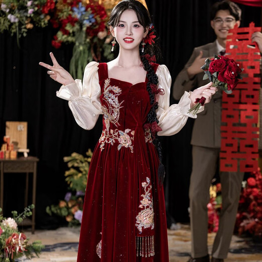 Fragrant long-sleeved toast dress bride 2025 new autumn and winter burgundy engagement dress dress velvet women burgundy XS